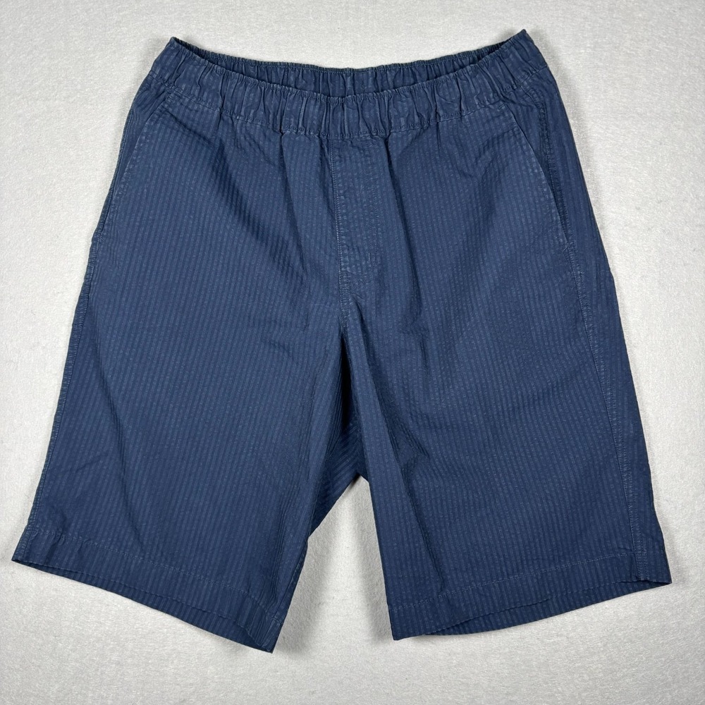 UNIQLO Mens Medium Navy Blue Striped Stretch Easy Shorts Seersucker Lightweight